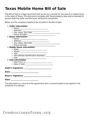 Blank  Mobile Home Bill of Sale Template for Texas