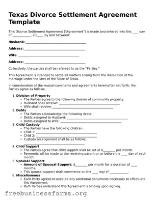 Blank  Divorce Settlement Agreement Template for Texas