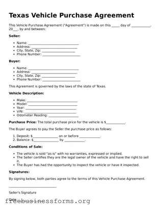 Blank  Vehicle Purchase Agreement Template for Texas