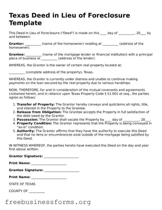 Blank  Deed in Lieu of Foreclosure Template for Texas