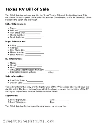 Blank  RV Bill of Sale Template for Texas