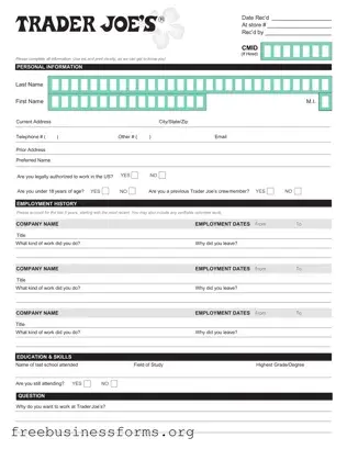 Official Trader Joe's application Form in PDF