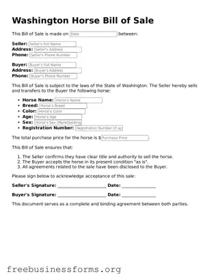 Blank  Horse Bill of Sale Template for Washington