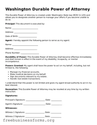 Blank  Durable Power of Attorney Template for Washington
