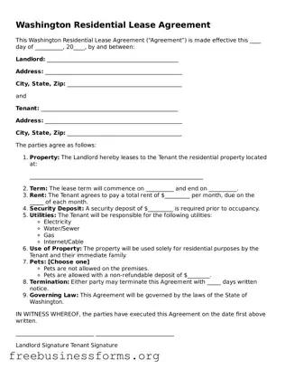 Blank  Residential Lease Agreement Template for Washington