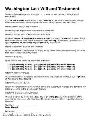 Blank  Last Will and Testament Template for Washington