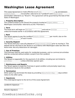 Blank  Lease Agreement Template for Washington