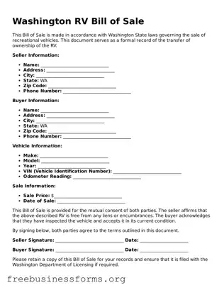 Blank  RV Bill of Sale Template for Washington