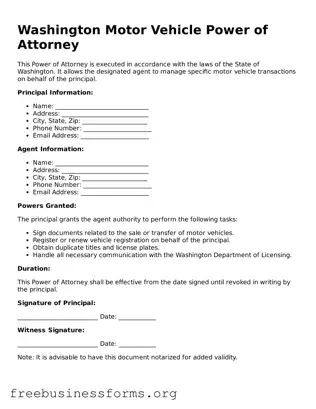 Blank  Motor Vehicle Power of Attorney Template for Washington
