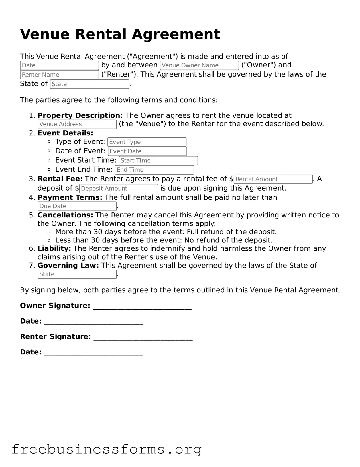 Official Venue Rental Agreement Form