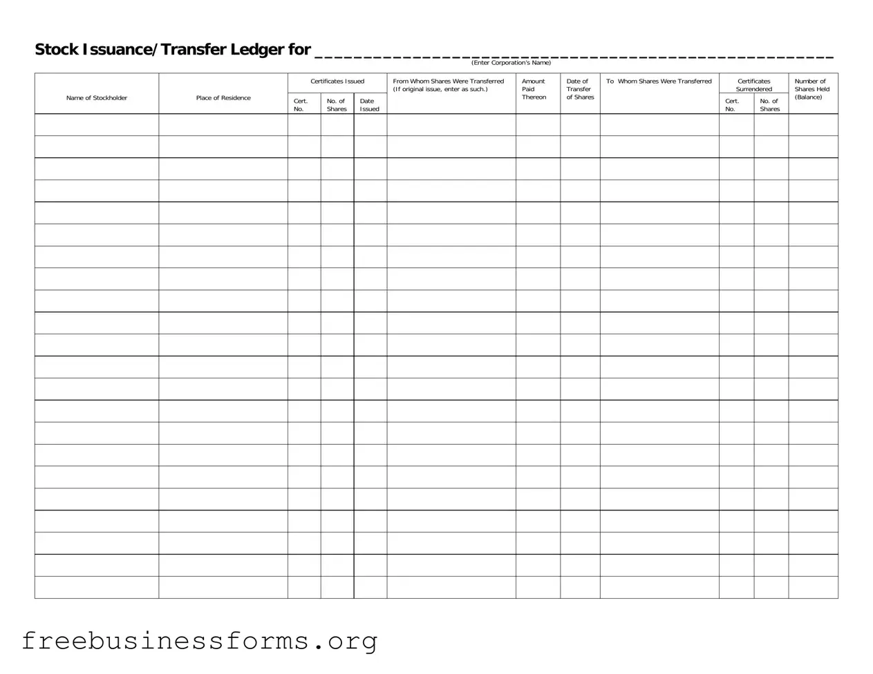 Official Stock Transfer Ledger Form in PDF
