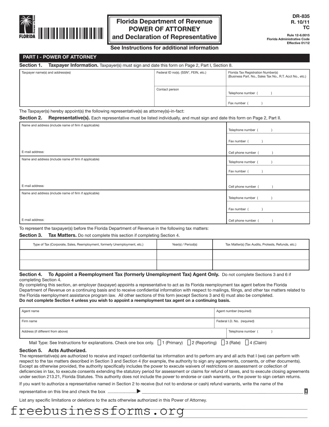 Official Tax POA dr 835 Form in PDF