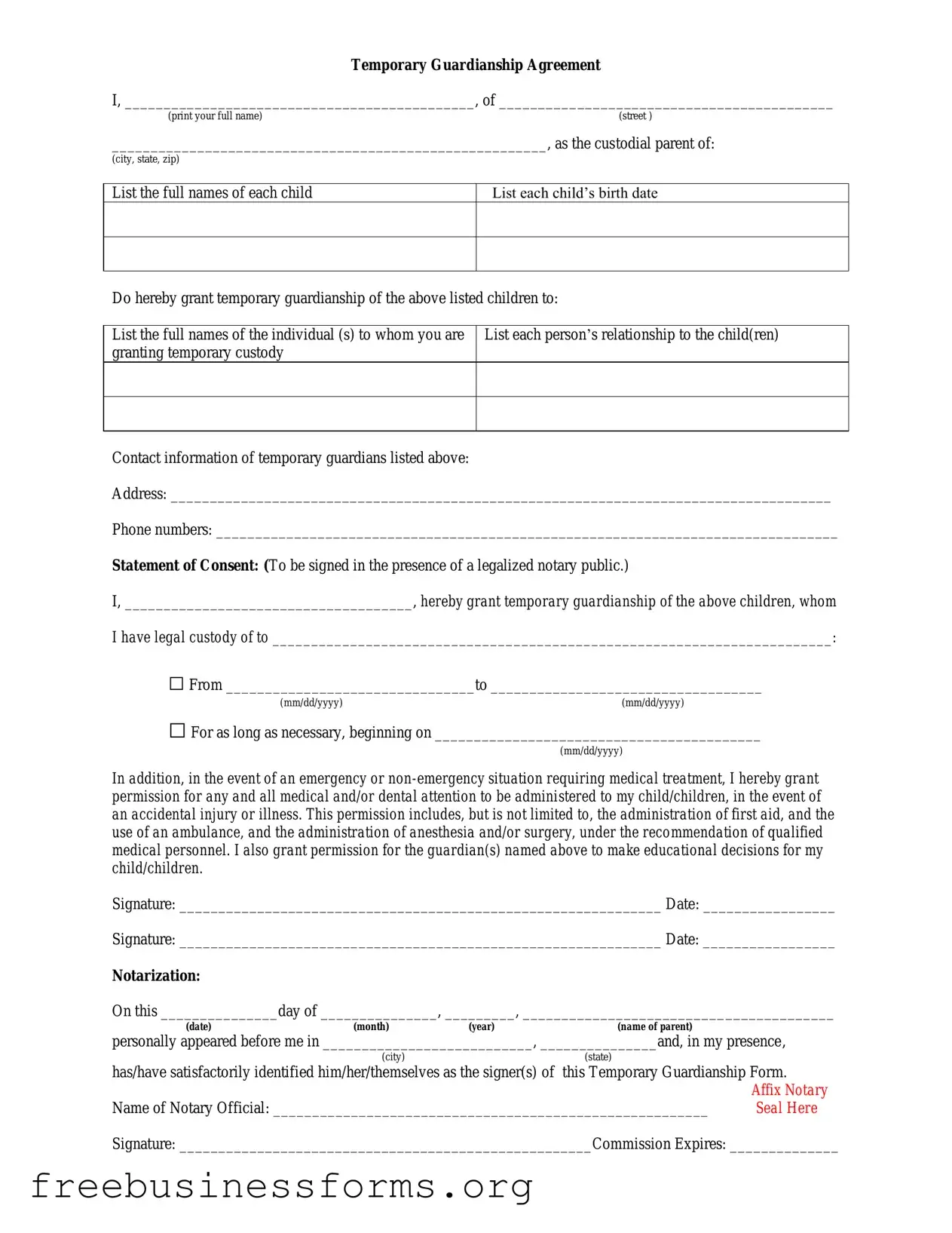 Official Temporary Custody Form in PDF