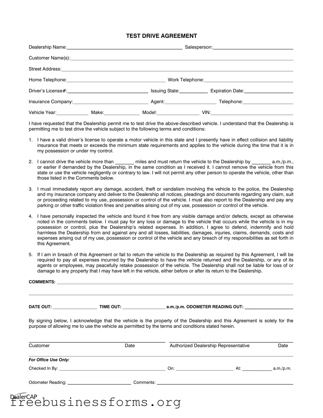Official Test Drive Form in PDF