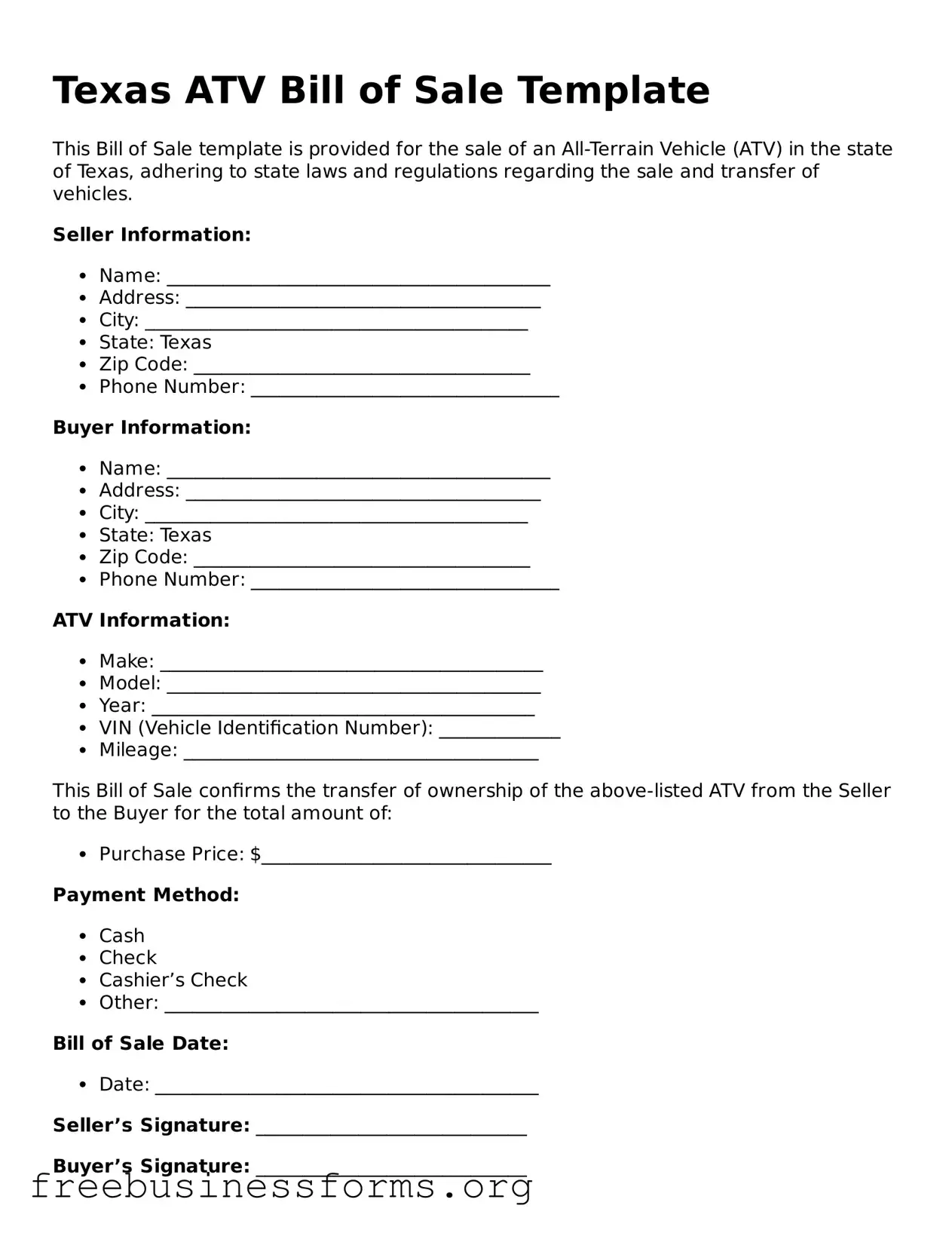 Blank  ATV Bill of Sale Template for Texas