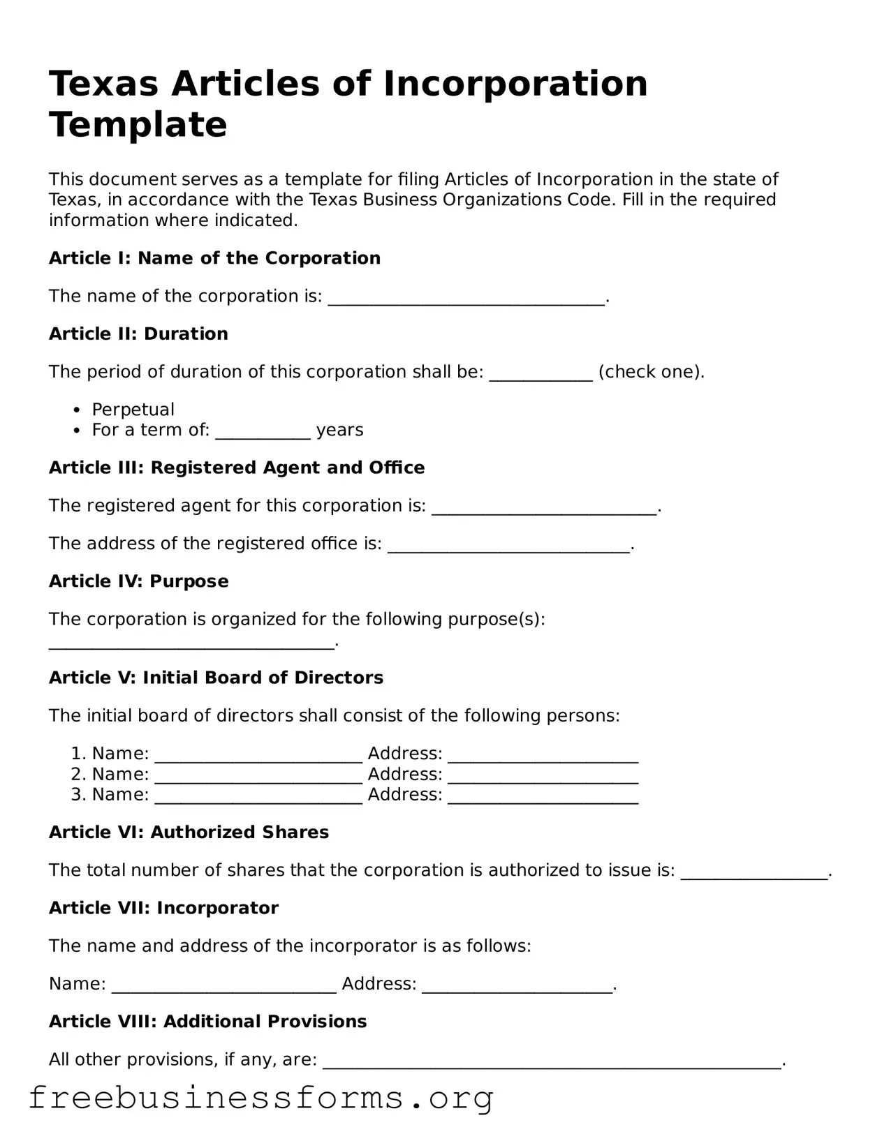 Blank  Articles of Incorporation Template for Texas