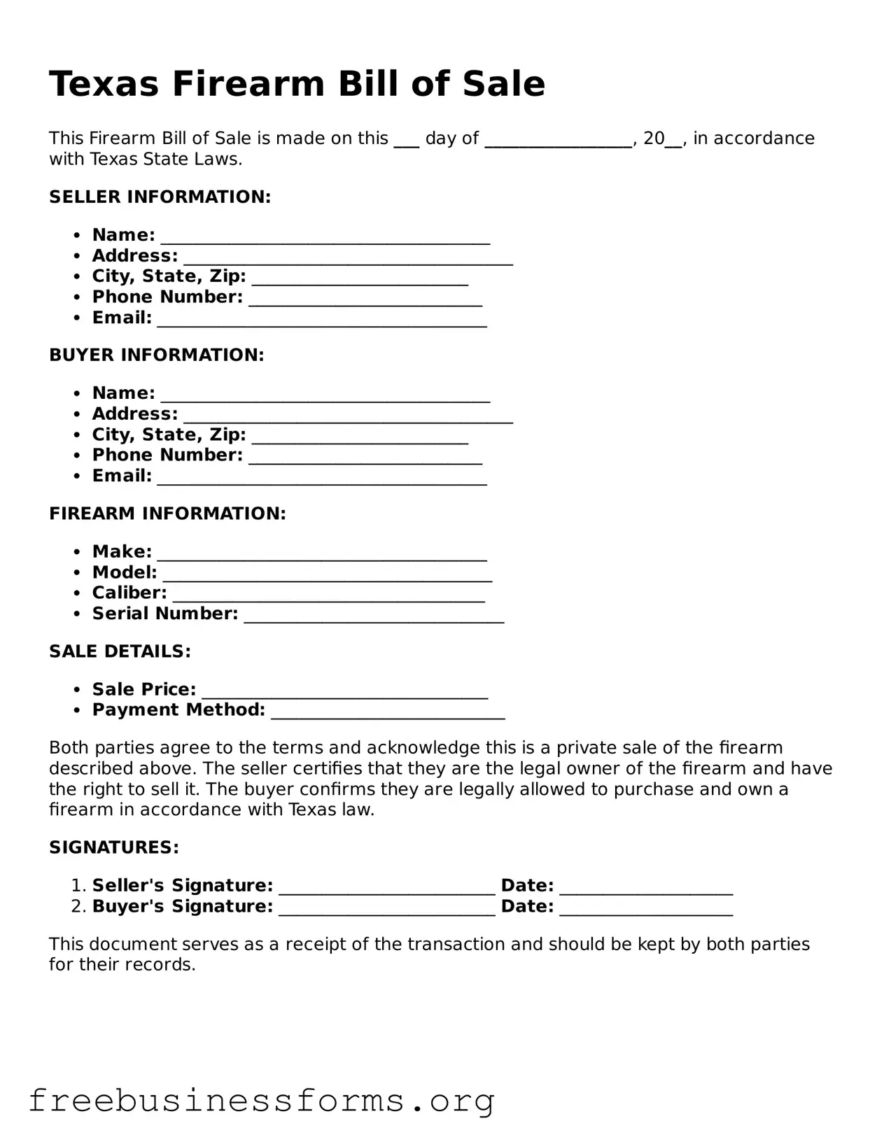 Blank  Firearm Bill of Sale Template for Texas