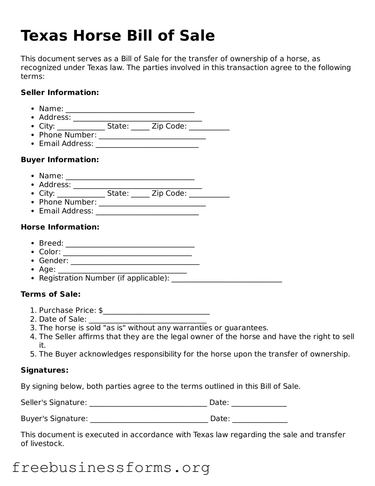 Blank  Horse Bill of Sale Template for Texas