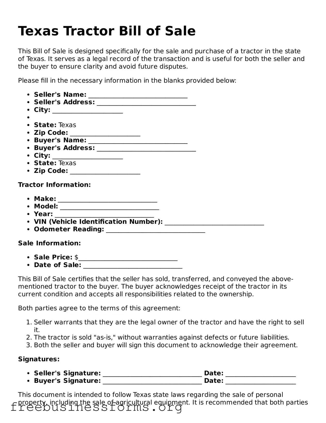 Blank  Tractor Bill of Sale Template for Texas