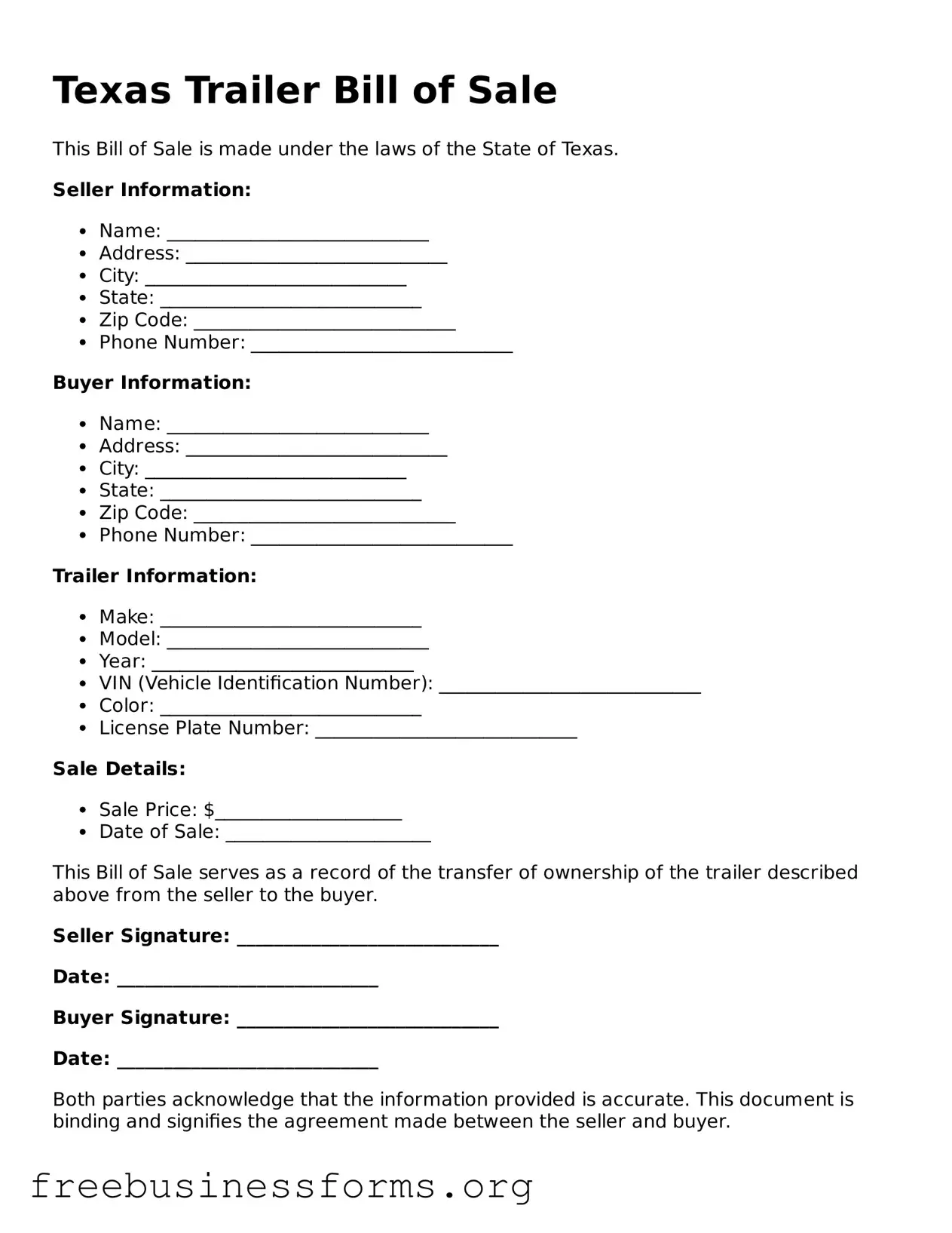 Blank  Trailer Bill of Sale Template for Texas