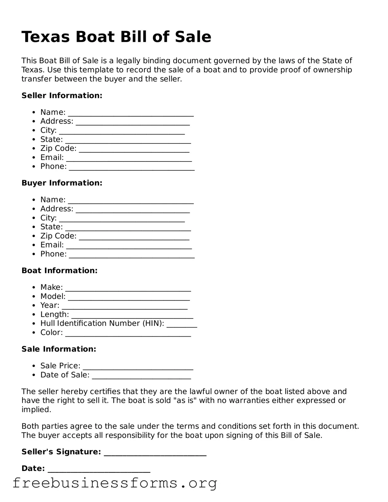 Blank  Boat Bill of Sale Template for Texas