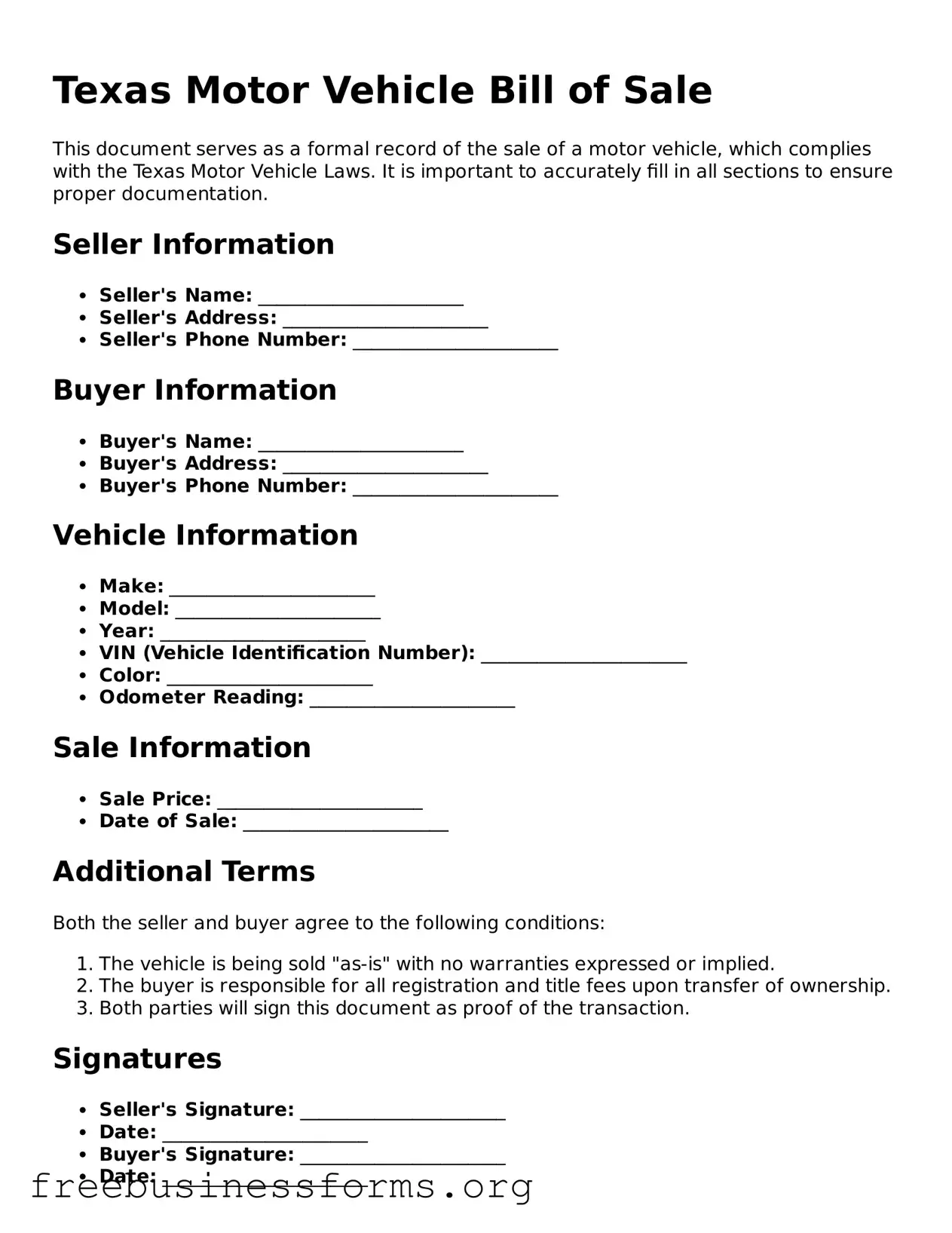 Blank Motor Vehicle Bill of Sale Template for Texas