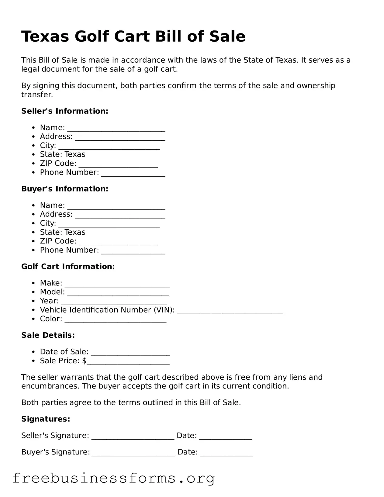 Blank  Golf Cart Bill of Sale Template for Texas