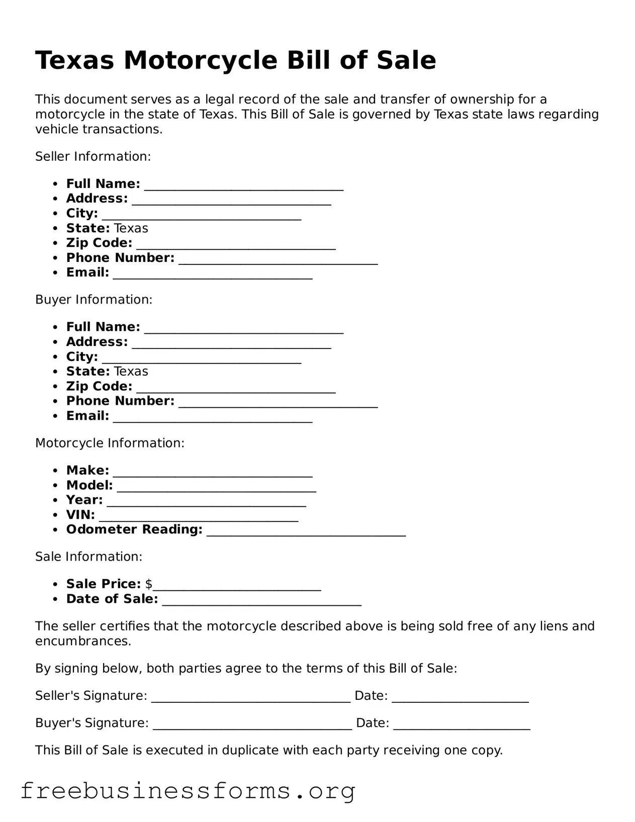 Blank  Motorcycle Bill of Sale Template for Texas