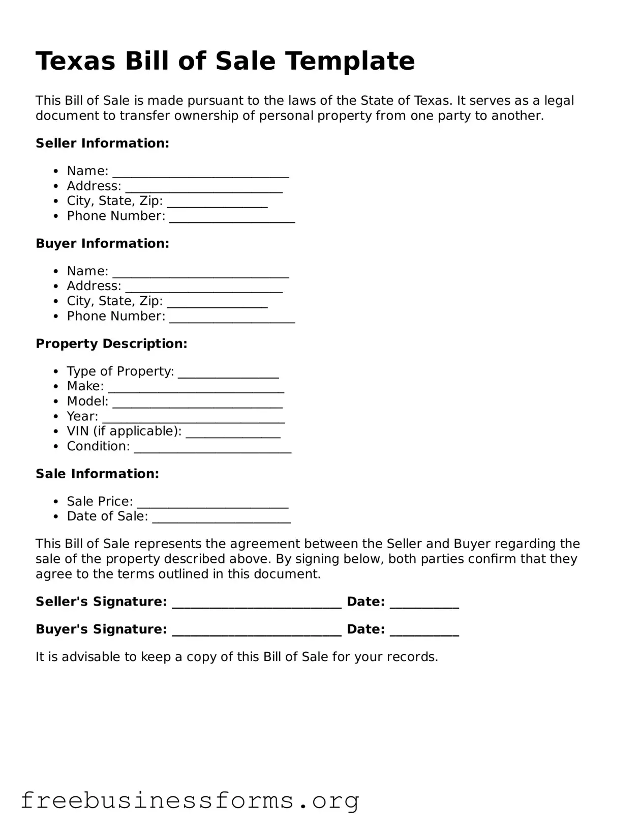 Blank  Bill of Sale Template for Texas