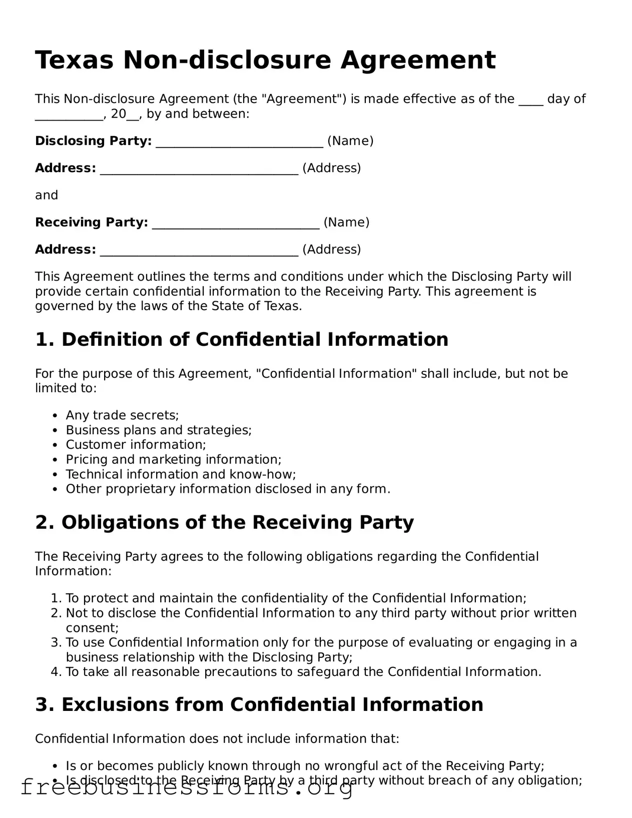 Blank  Non-disclosure Agreement Template for Texas