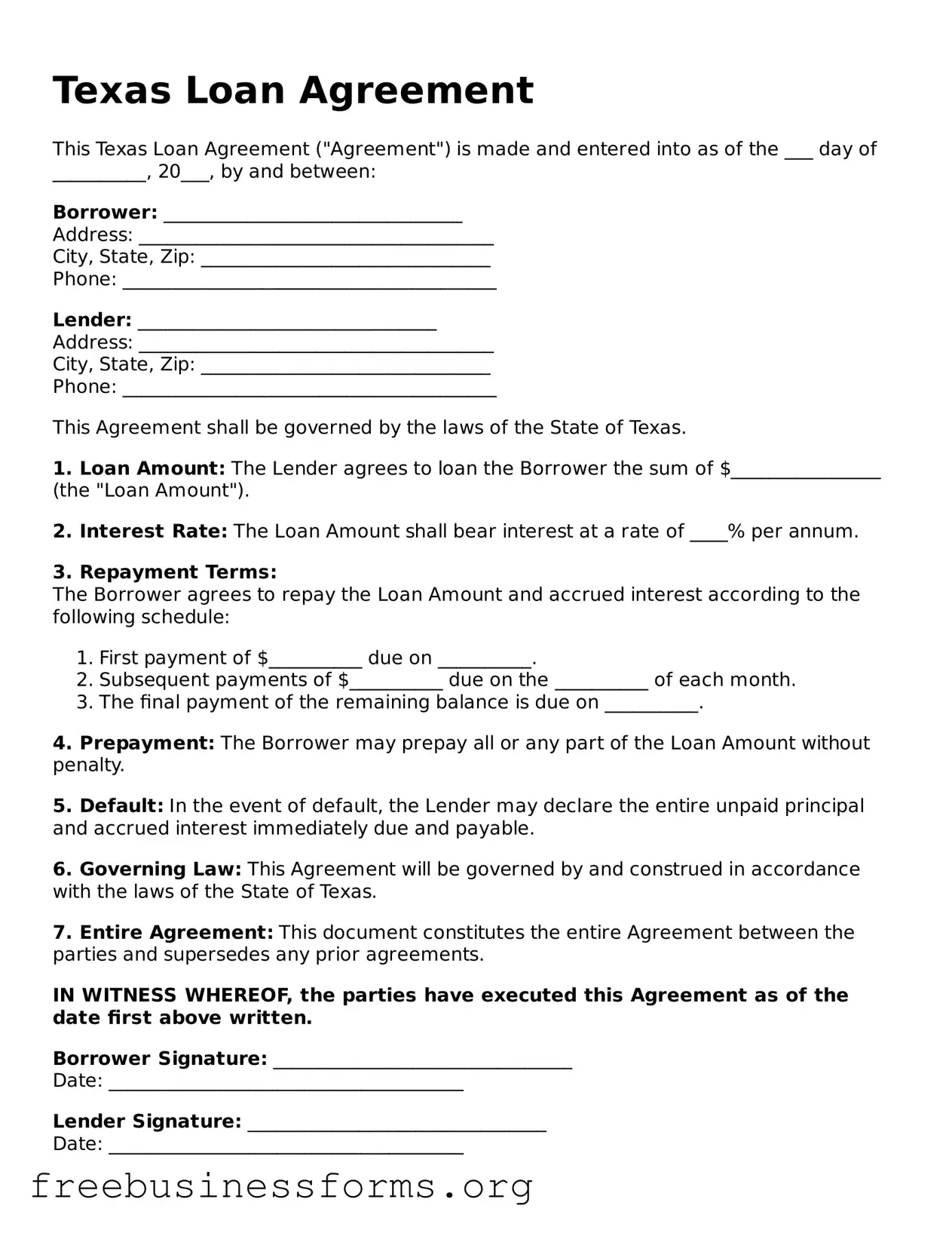 Blank  Loan Agreement Template for Texas
