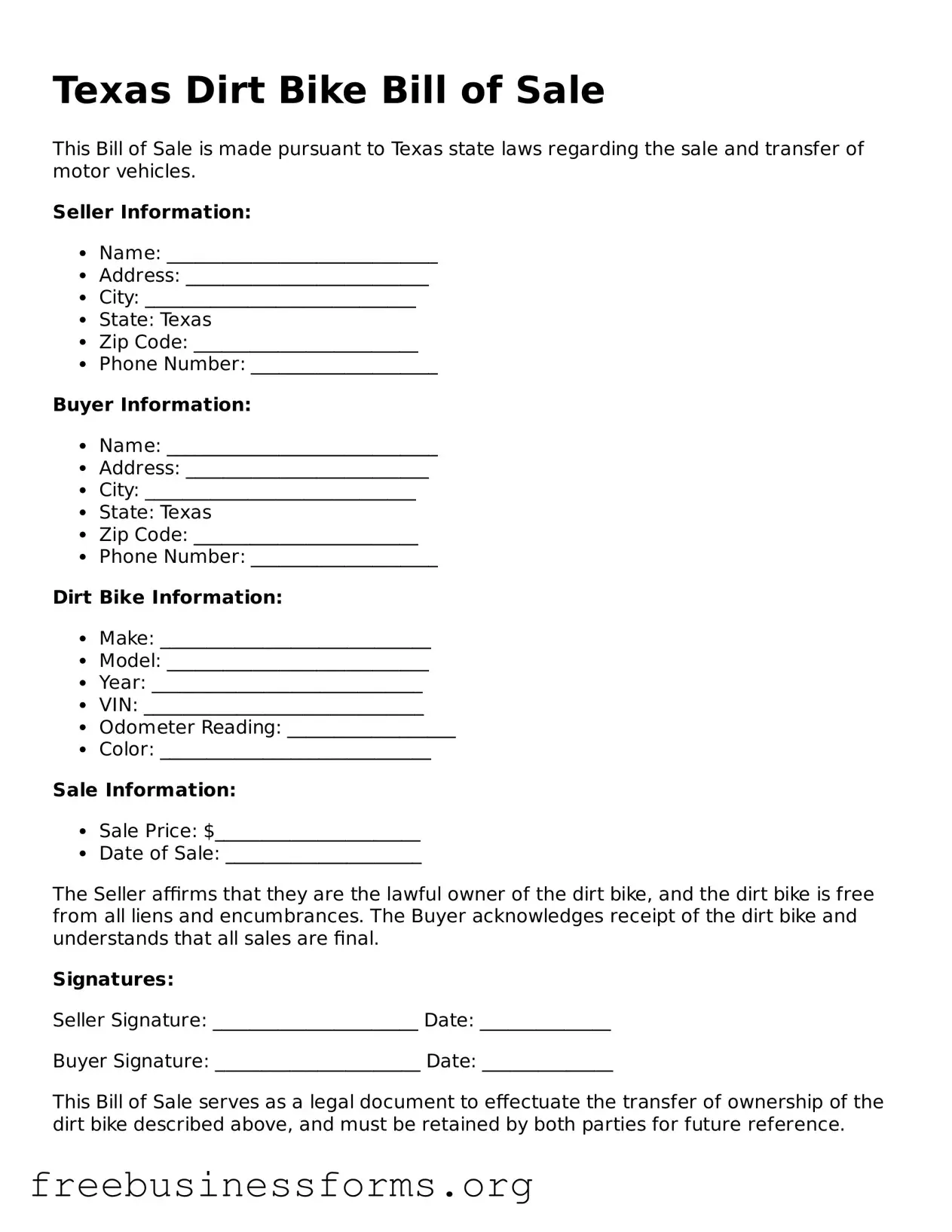 Blank  Dirt Bike Bill of Sale Template for Texas