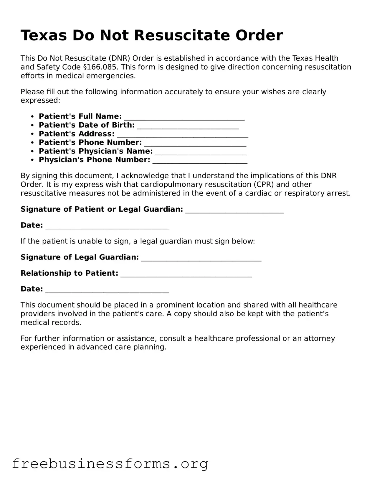 Blank  Do Not Resuscitate Order Template for Texas