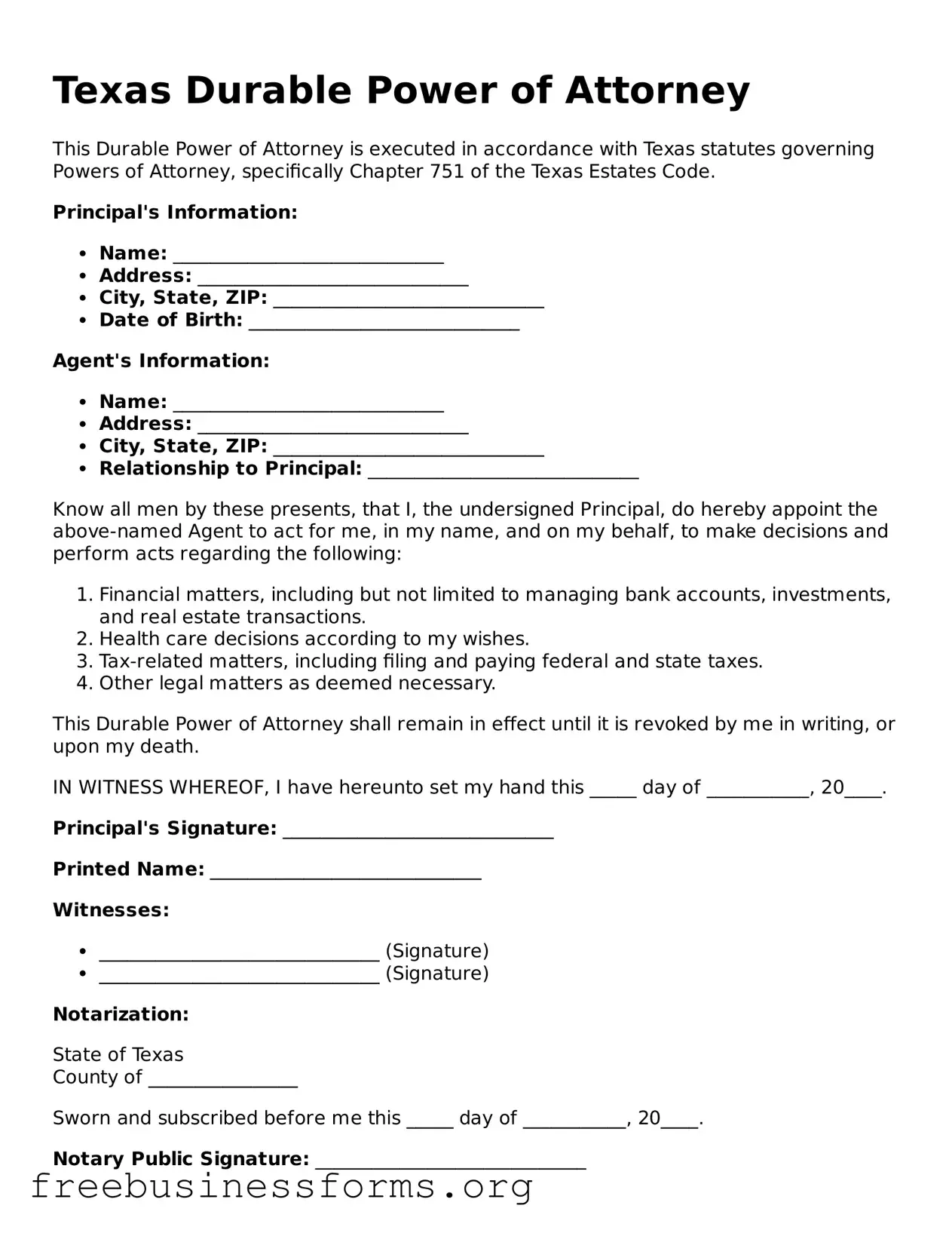 Blank  Durable Power of Attorney Template for Texas