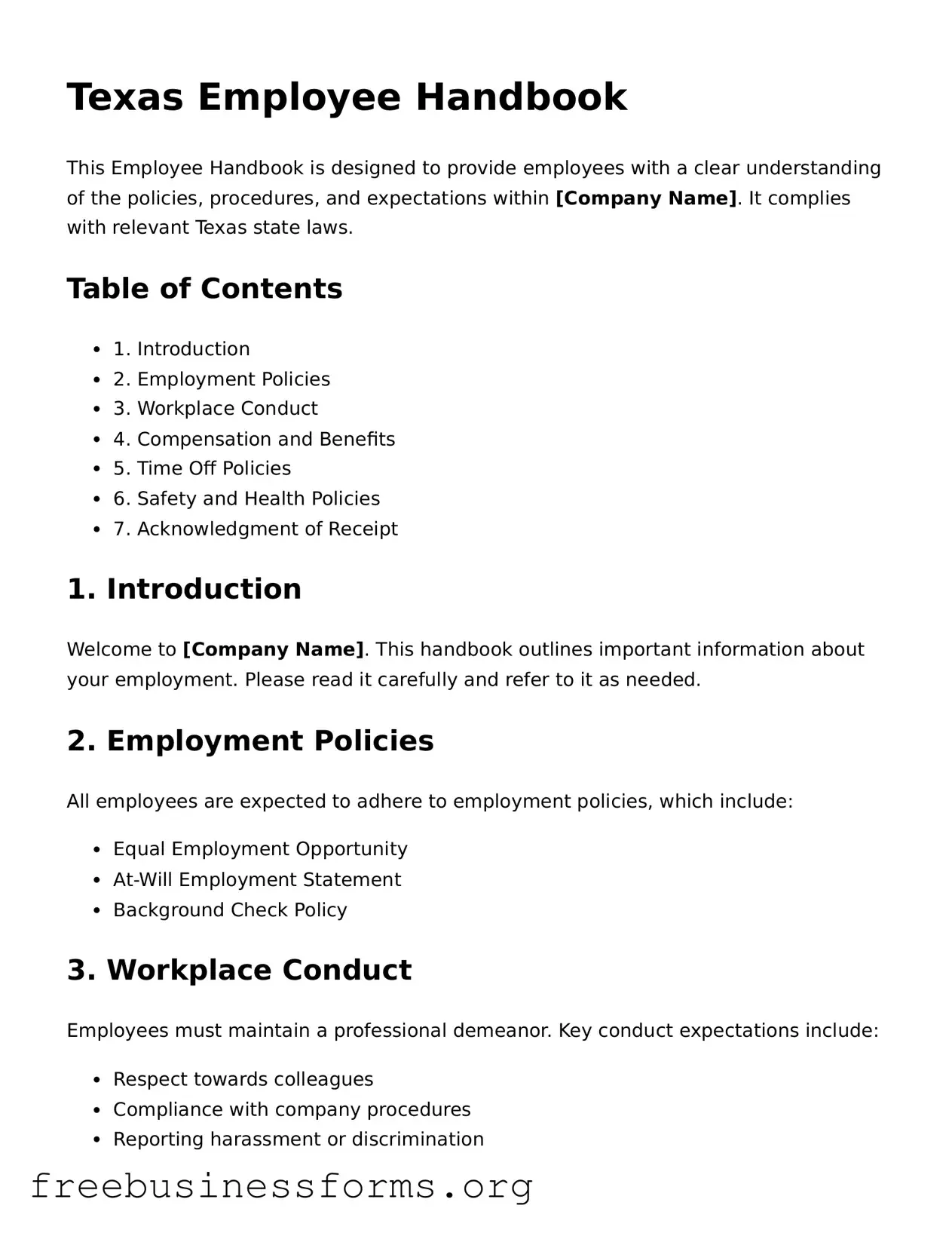 Blank  Employee Handbook Template for Texas