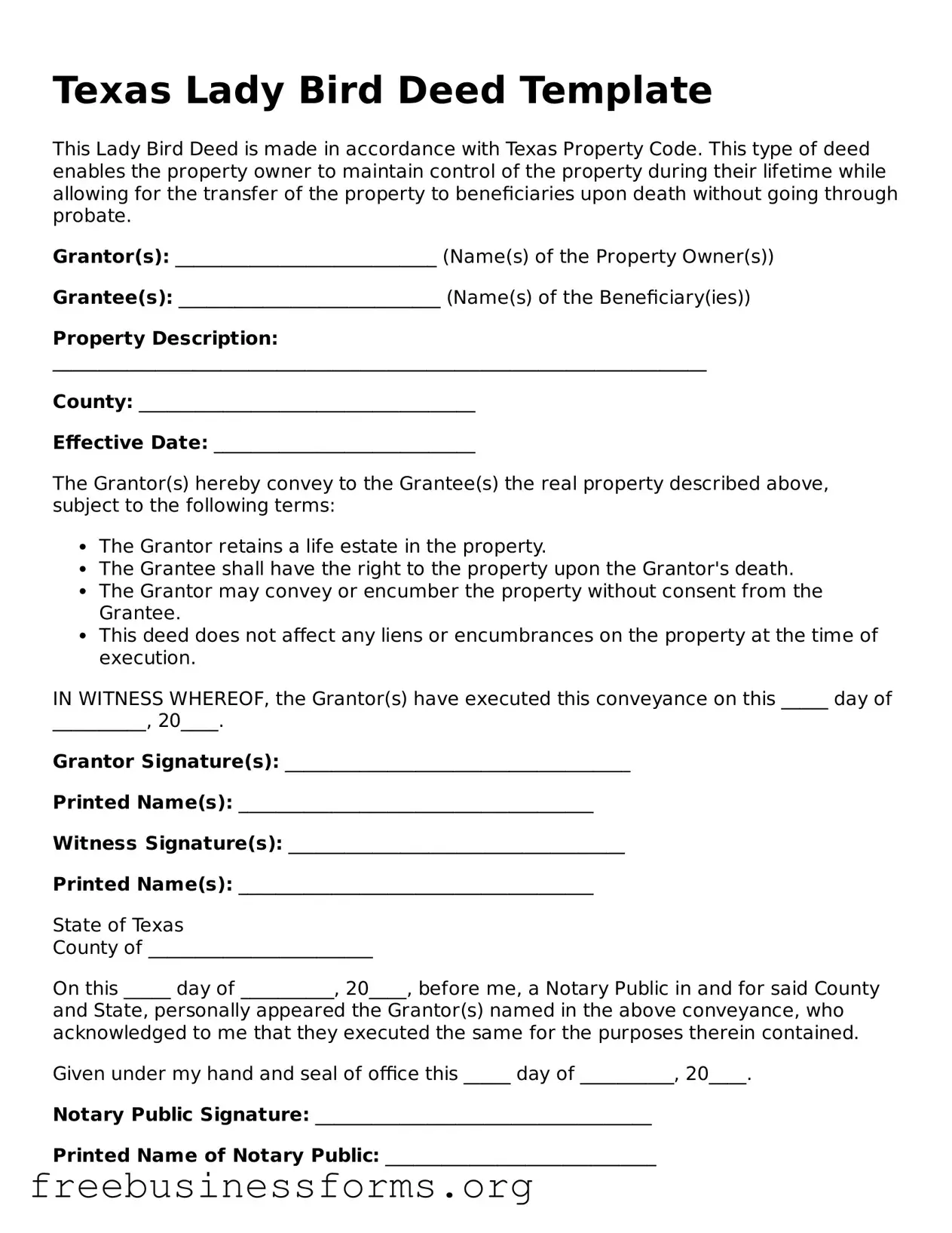 Blank  Lady Bird Deed Template for Texas
