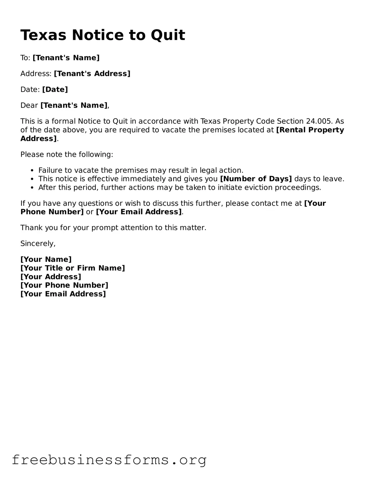 Blank Notice to Quit Template for Texas