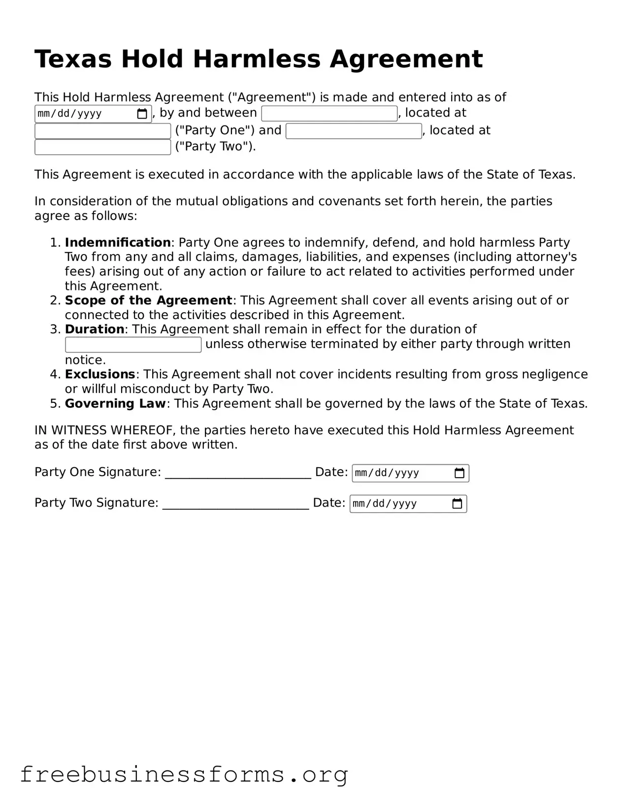 Blank  Hold Harmless Agreement Template for Texas