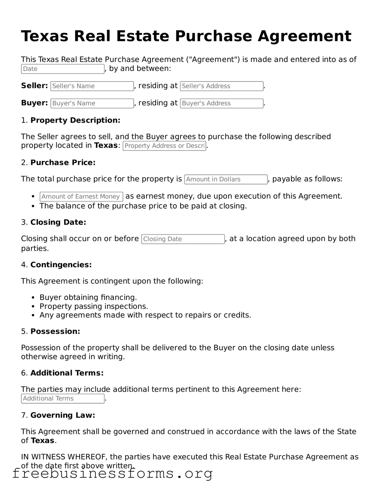 Blank  Real Estate Purchase Agreement Template for Texas