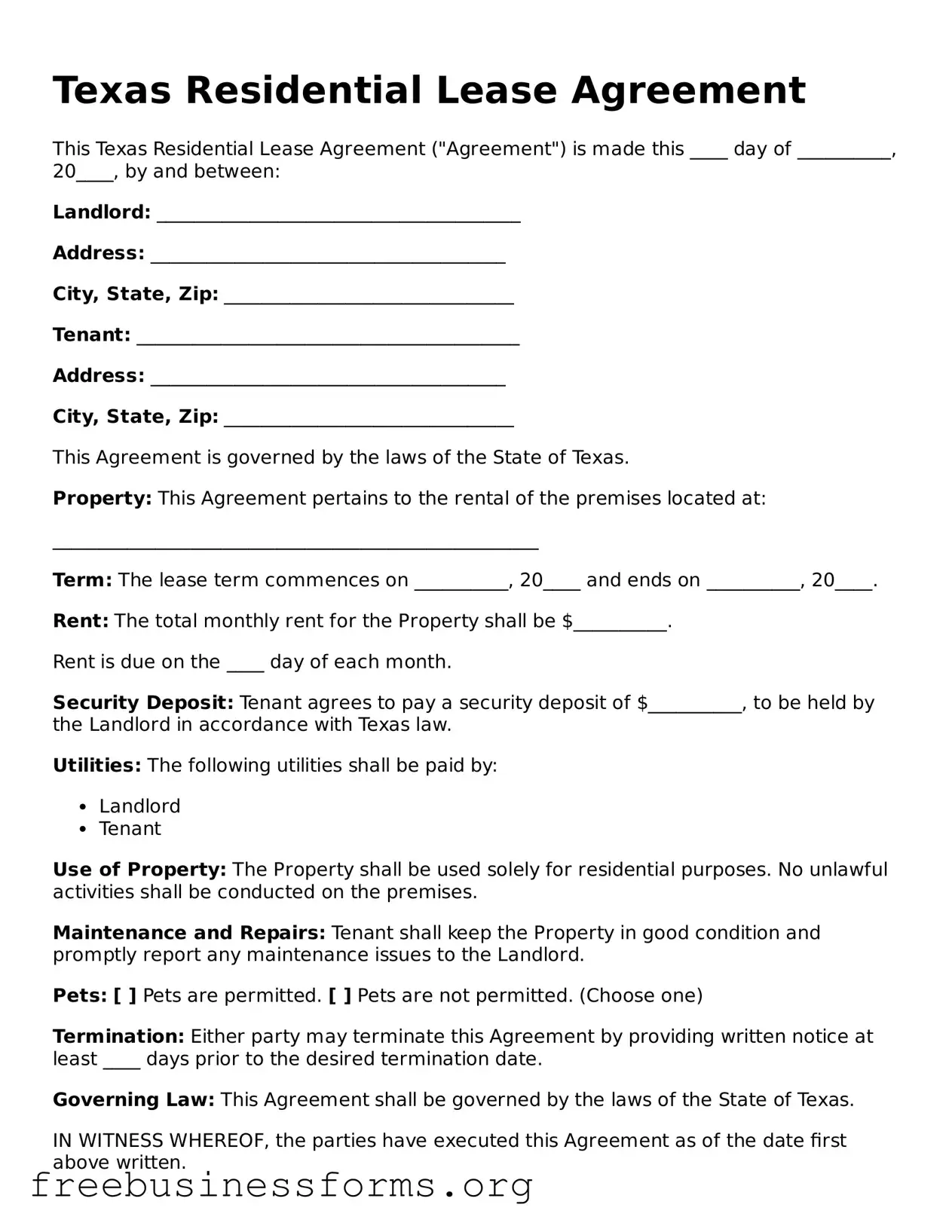 Blank  Residential Lease Agreement Template for Texas