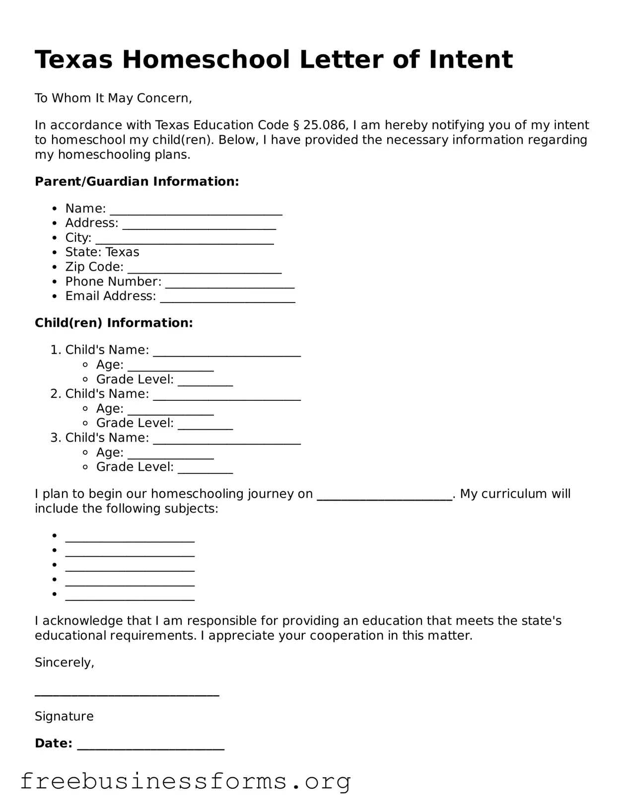 Blank  Homeschool Letter of Intent Template for Texas