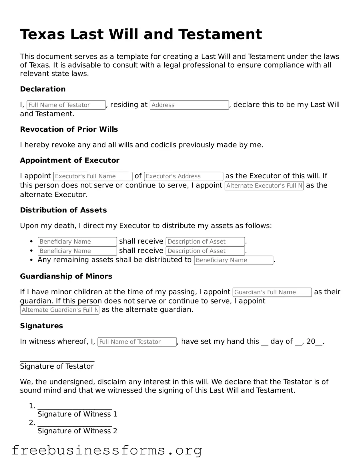 Blank  Last Will and Testament Template for Texas