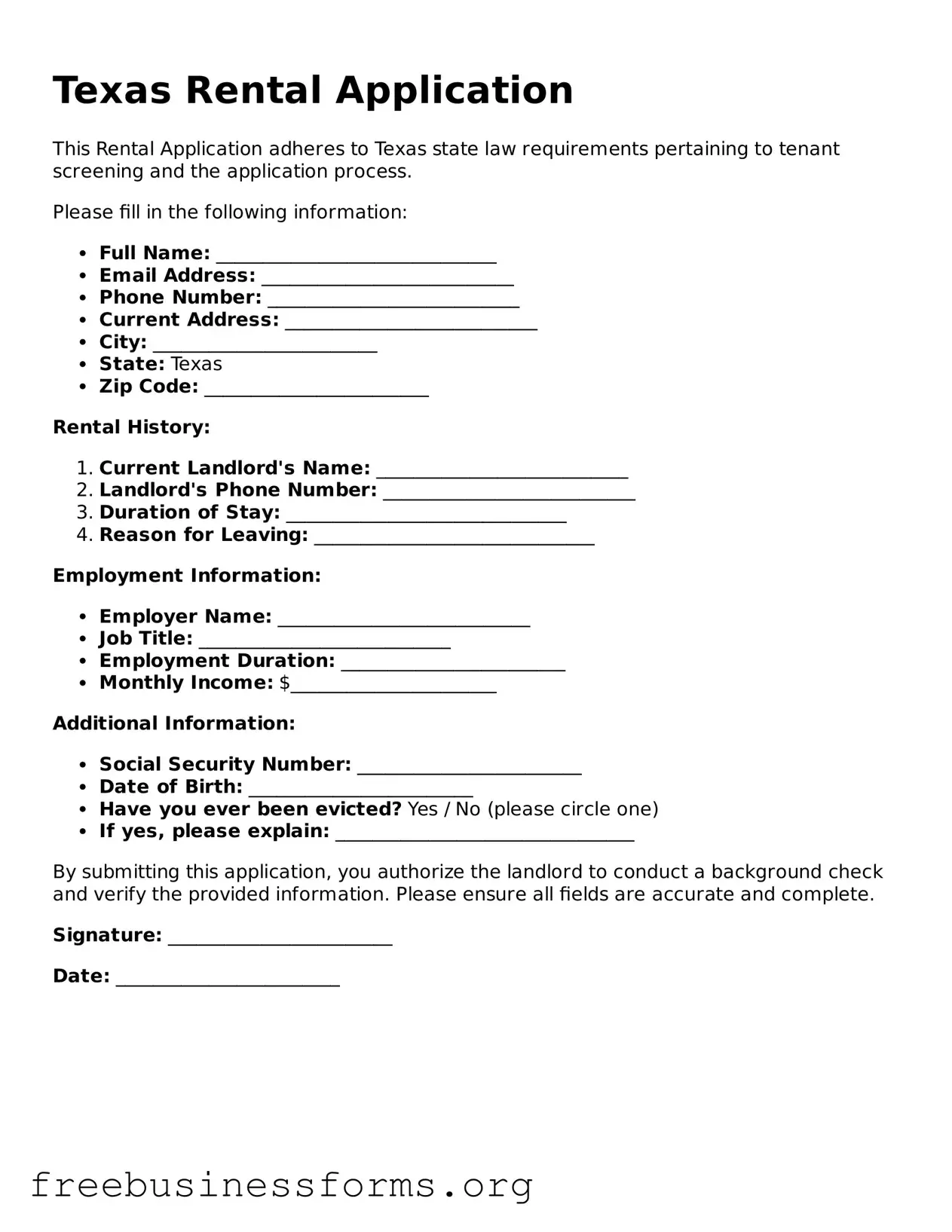 Blank  Rental Application Template for Texas