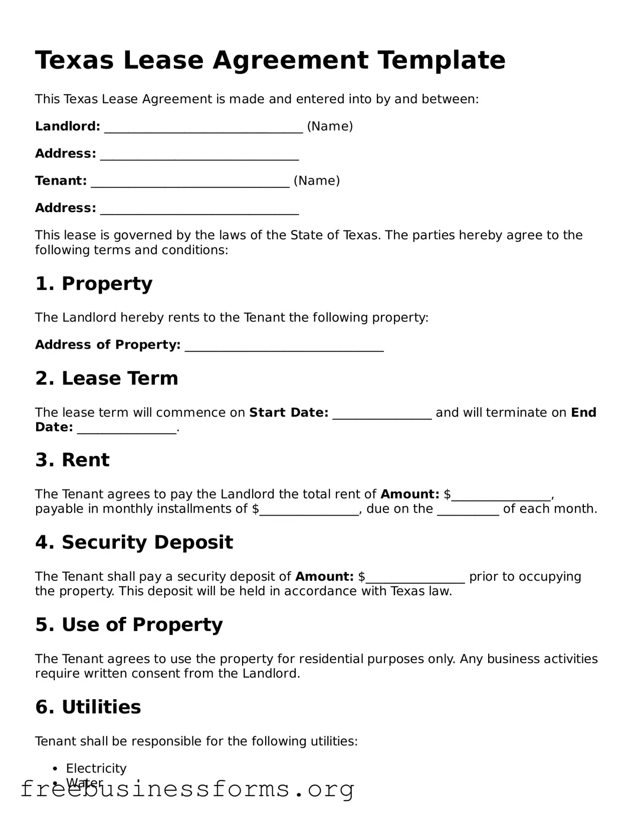 Blank  Lease Agreement Template for Texas