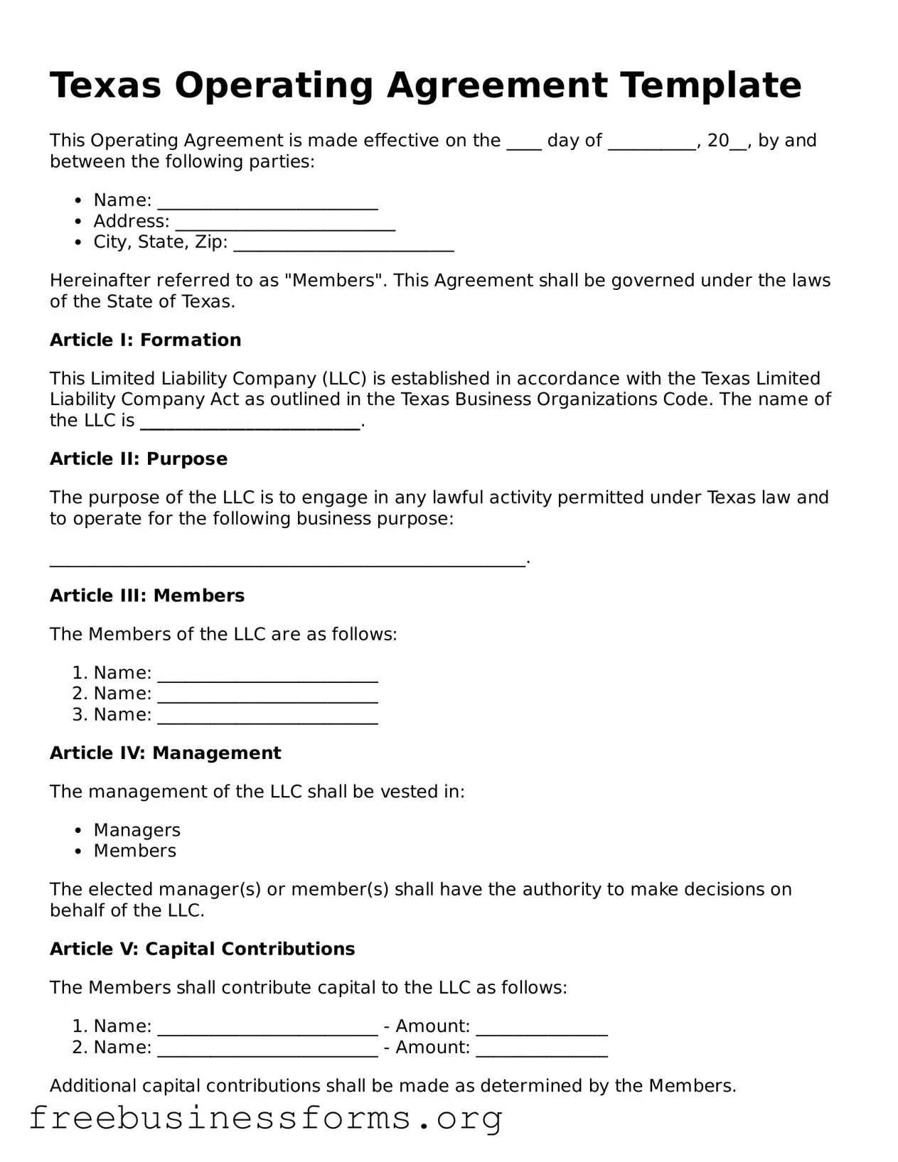 Blank  Operating Agreement Template for Texas