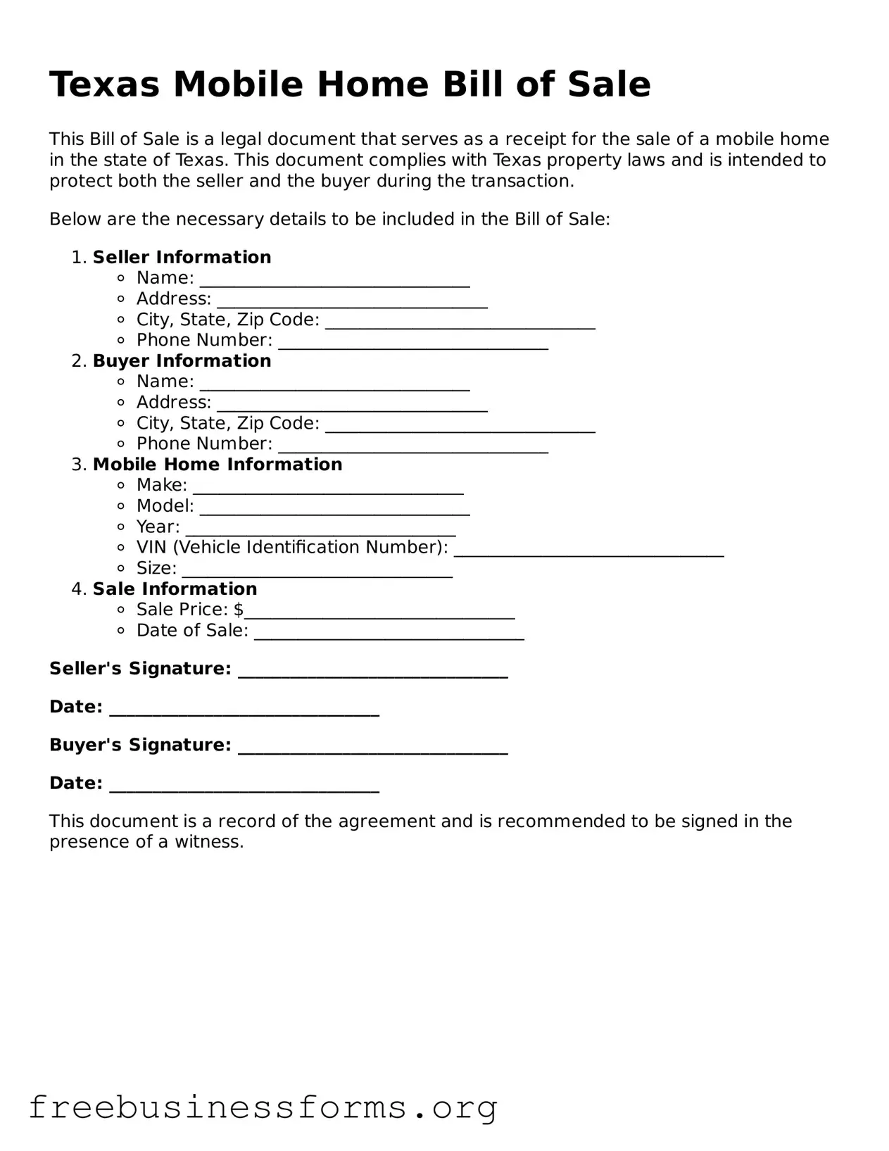 Blank  Mobile Home Bill of Sale Template for Texas