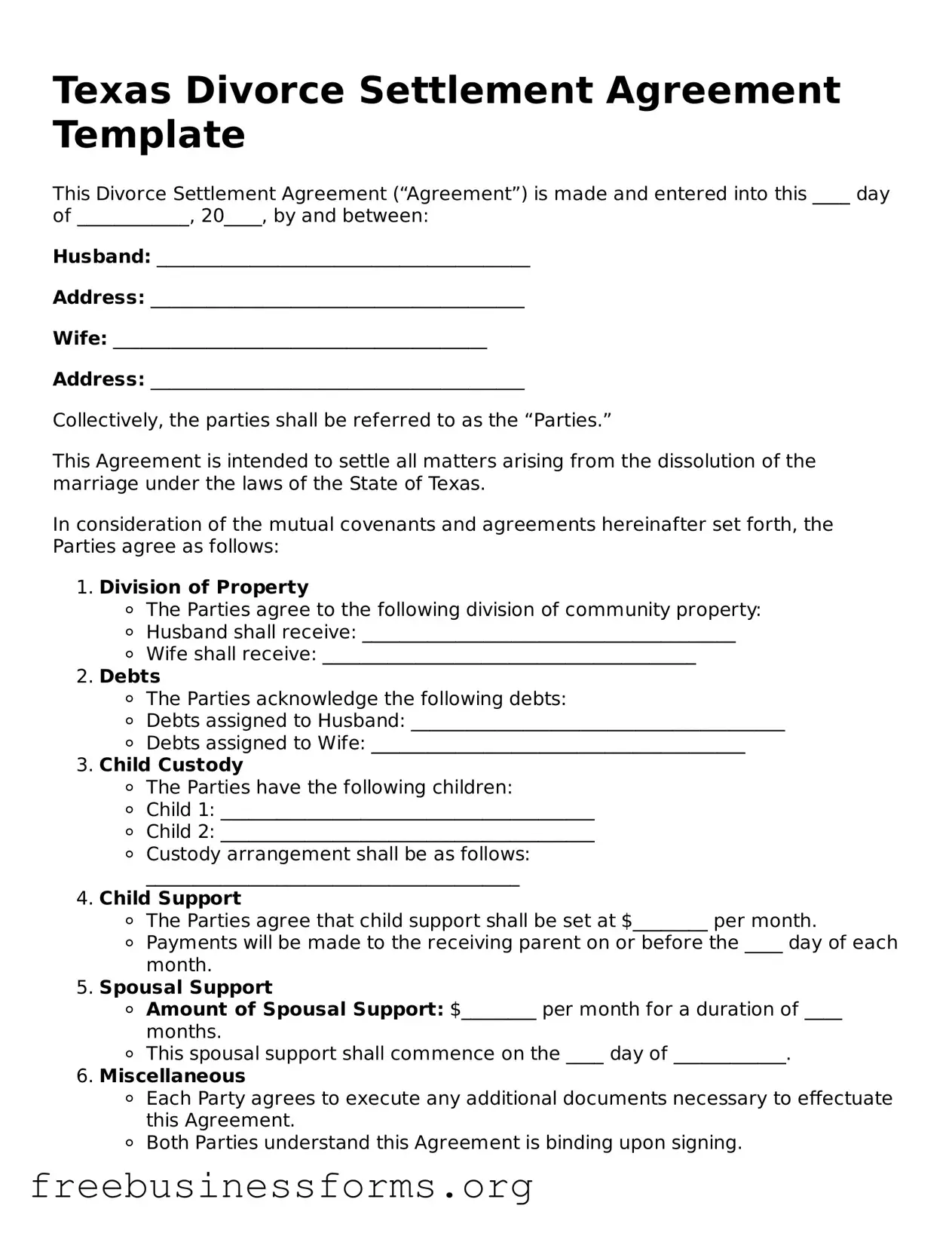 Blank  Divorce Settlement Agreement Template for Texas