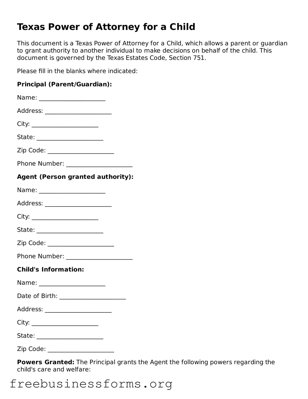 Blank  Power of Attorney for a Child Template for Texas