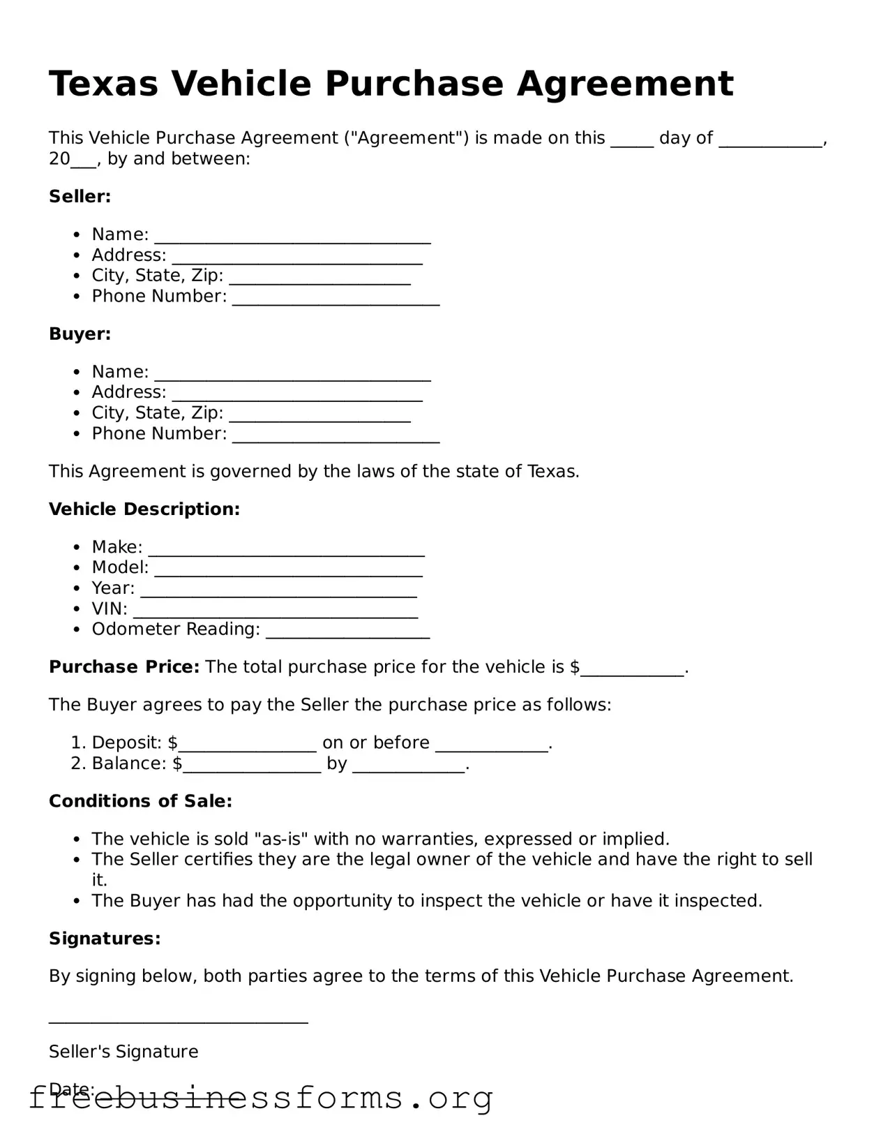 Blank  Vehicle Purchase Agreement Template for Texas