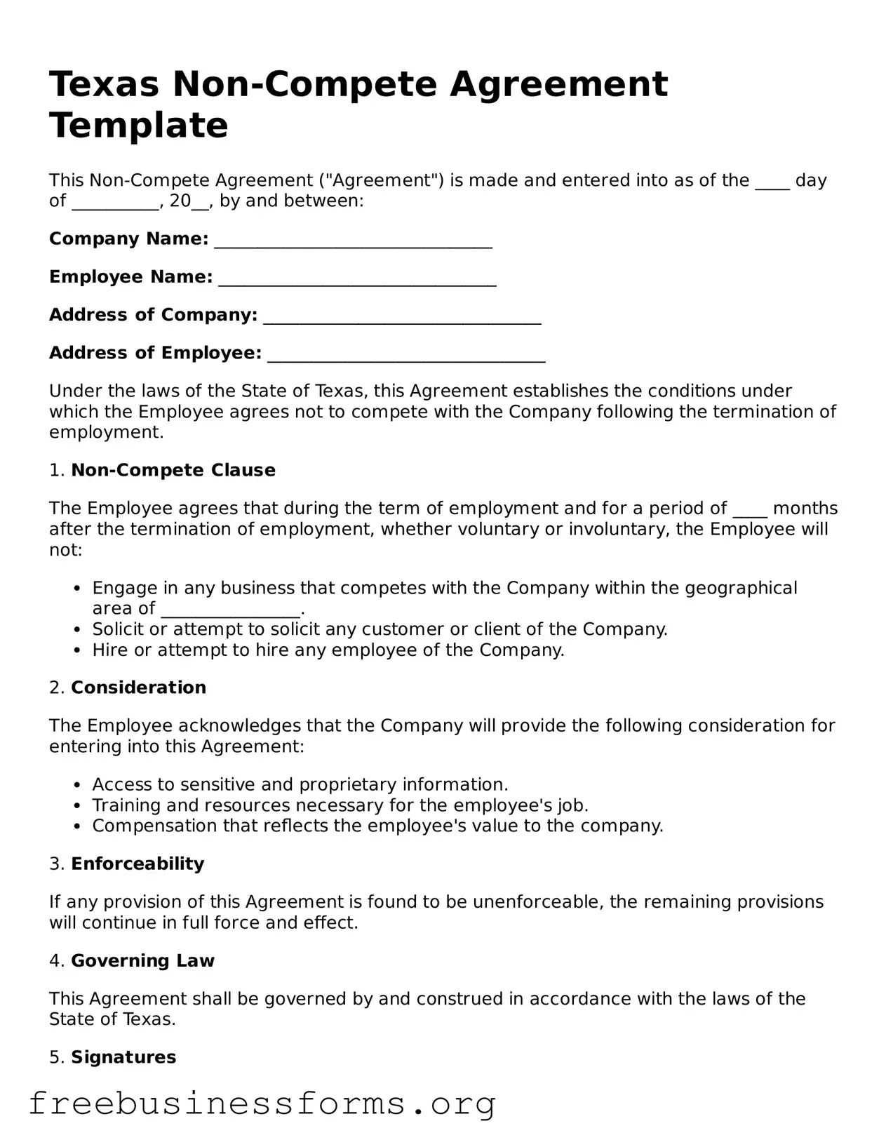 Blank  Non-compete Agreement Template for Texas